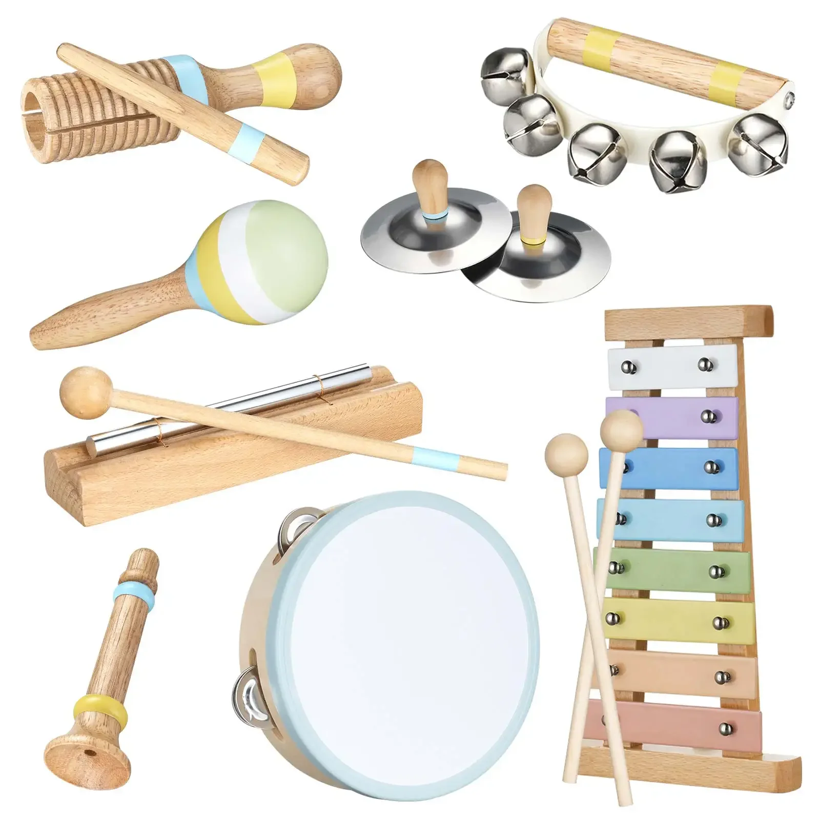 Pogolab Wooden Xylophone Drum Set Tambourine Maraca Xylophone Cymbal Hand Bells Chime Bar Percussion Instruments Set for Kids