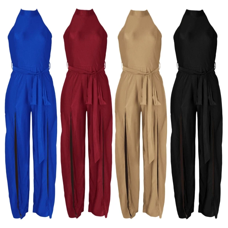 

Summer Sexy Halter Neck Wide Leg Jumpsuit Women Bandage Side Split Rompers