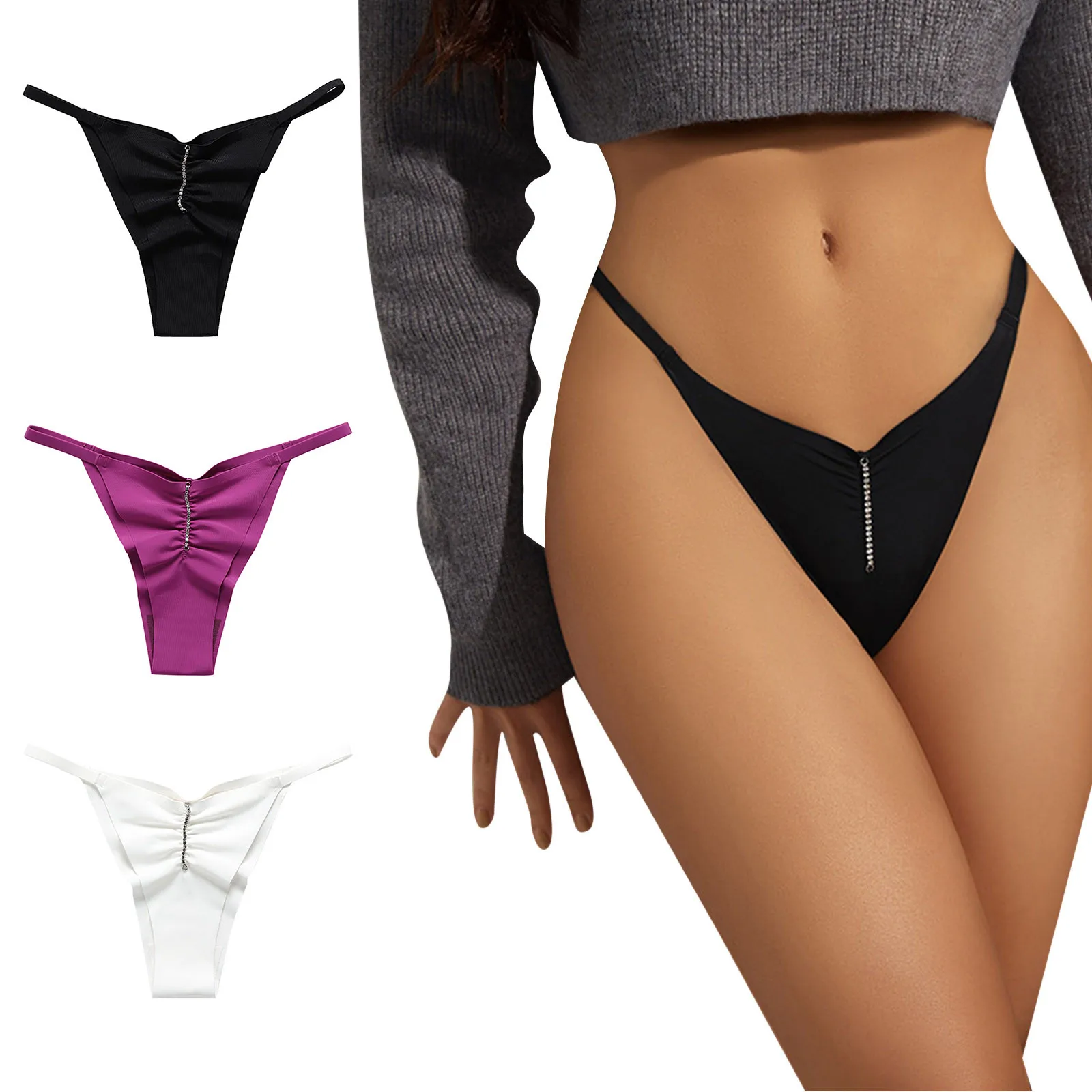 

Women Ice Silk Shiny Diamond Pleated Underwear Panties Thin Strap Seamless Low Waist Sexy Underwear Lingerie panties for women