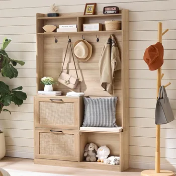Boho Rattan Hall Tree with Bench 6