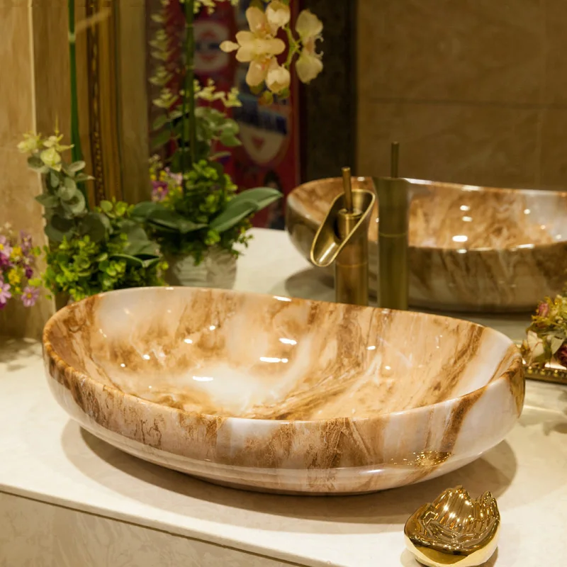 

63x42x16cm Chinese oval large ceramic art basin countertop stone base bathroom sink bathroom accessories