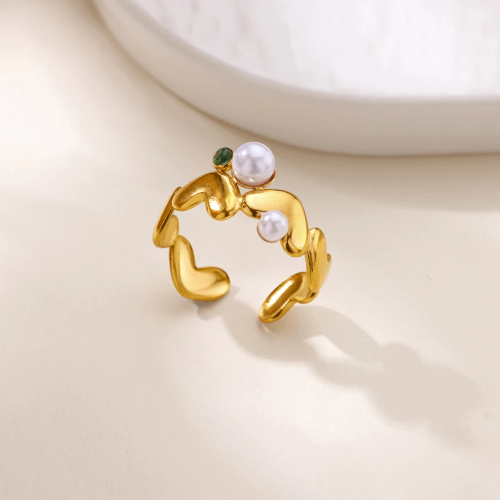 Stainless Steel Imitation Pearl Heart Ring For Women