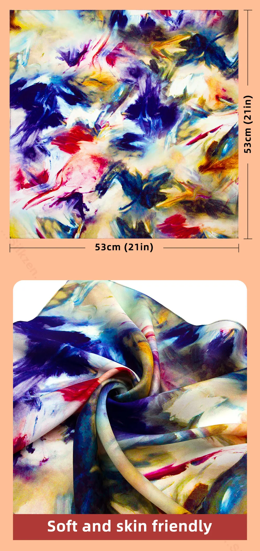 53cm 100% Natürlicher Seidenschal Kleines Quadratisches Foulard Abstraktes Expressionistisches Ölgemälde Bandana Luxuriöses Haarband für Damen Weicher Schal – Detail 2