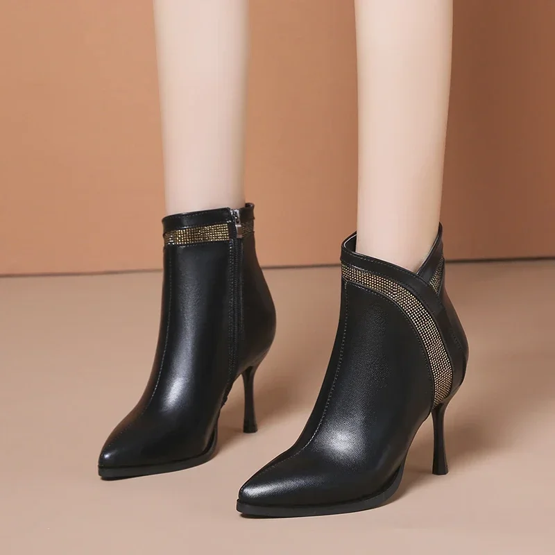 

Spring Autumn 2023 New Style Pointy Toe Versatile High-heeled Bare Boots Soft Leather Thin Heel Rhinestone Short Boots for Women