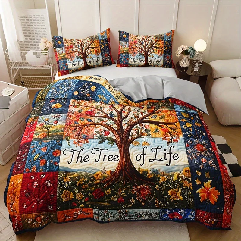 Life Tree Country Style Quilted Duvet Cover Set 2/3pcs HD Print All-Season Comforter with 1 Duvet Cover + 1/2 Pillowcases