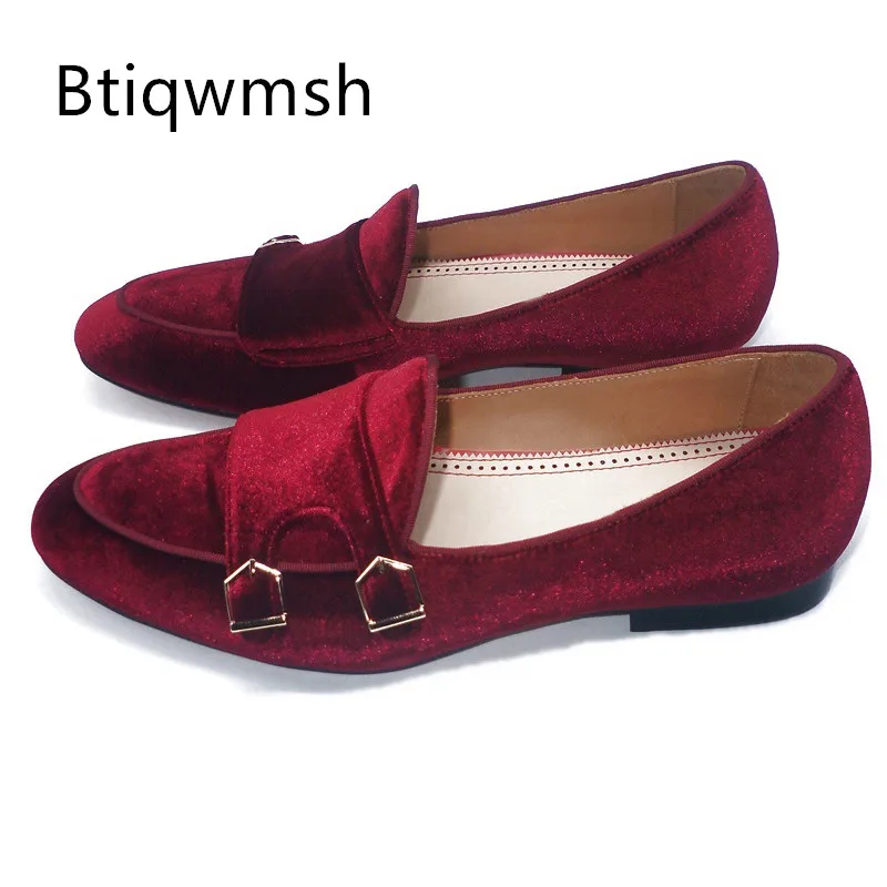 Red Luxury Velvet Loafer Shoes Man Pointed Toe Double Buckle Flat Shoes  Male Fashion Party Shoes - AliExpress