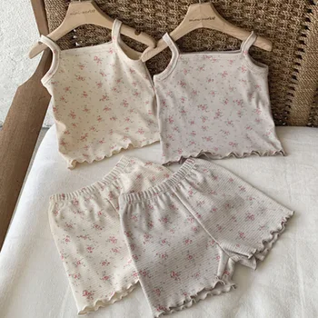 Ins Summer Baby Girl Stampa floreale Sleepwear Suit Dolce gilet sottile + Pantaloncini con volant Kid Girl Outfit Homwear Neonato Ragazza 2 pezzi Vestiti 1