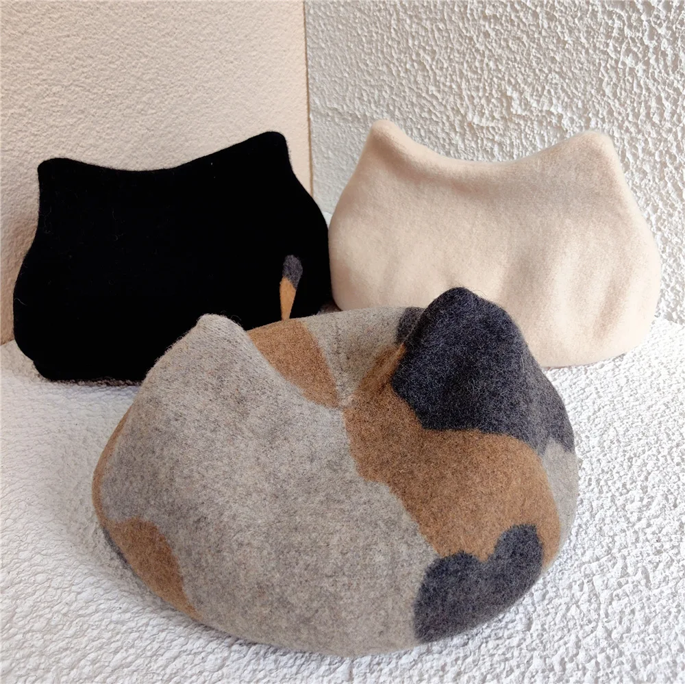 Hot Sale New Fashion Cute Girls Kawaii Cat Ear Sweet Lolita Headwear Purple Beanies Hat Handmade Wool Felt Women Beret Wholesale_voghion.com