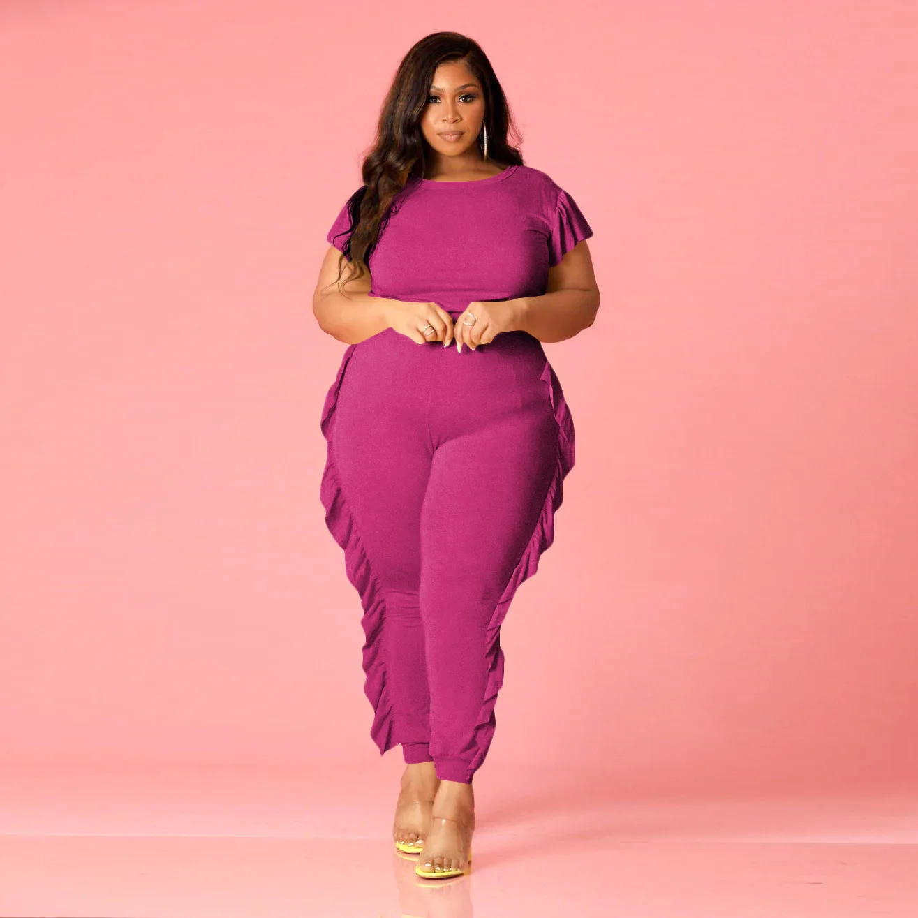 Plus Size Women Sets Solid Tops And Ruffle Pants 2022 Summer Two Piece Sets Designer Outfit Elegant Clothes Fashion Tracksuit