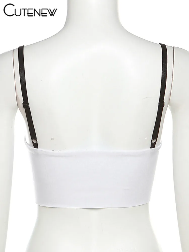 Y2K - Camiseta sin mangas con tirantes y retazos para mujer, camisola sexy de verano, sin mangas, ajustada, de encaje blanco, informal, ropa de calle