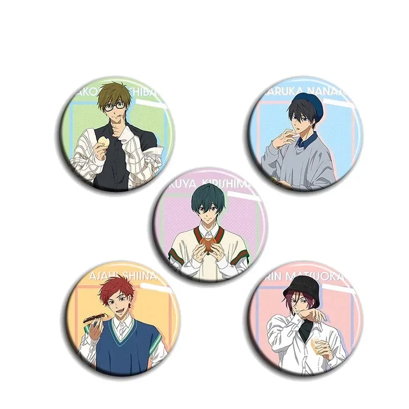 

58MM Tinplate Art Glossy Nanase Haruka Brooches Hazuki Nagisa Artistic Fashion Jewelry Anime Character Adorable Accessories