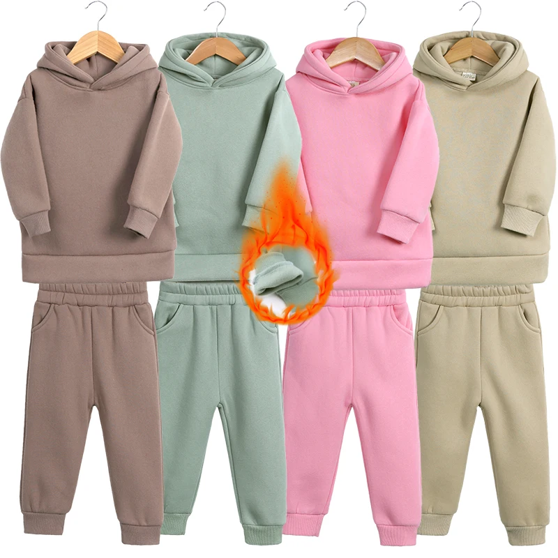 2026 Winter Children Fleece Outfits Toddler Warm Thicken Cotton Solid Hoodies+Pants Tracksuit Kids Boy Girl Sweatsuits Sets