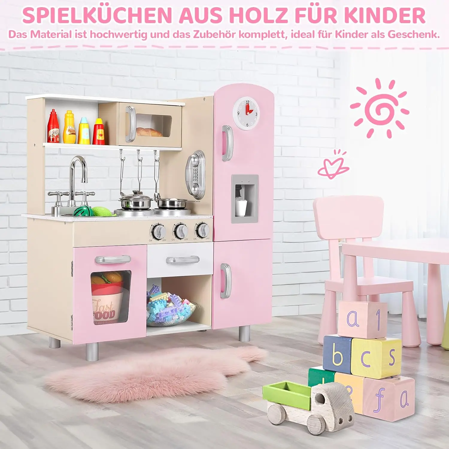 Wooden Play Kitchen Set Pretend Play Kitchen with Lights and Sounds for Kids Ages 3+, Includes Stove Oven Microwave Coffee Maker 3