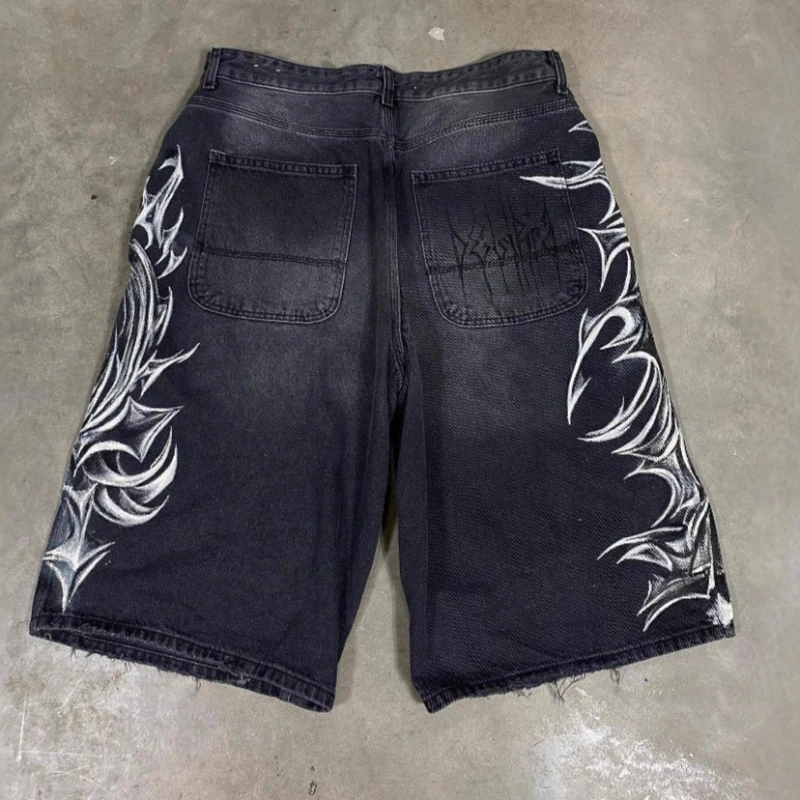 Mens Shorts Gothic Print Vintage Denim Harajuku Unisex Loose Fit Hip Hop Streetwear Summer Five Length Casual Fashion Trend New - 2