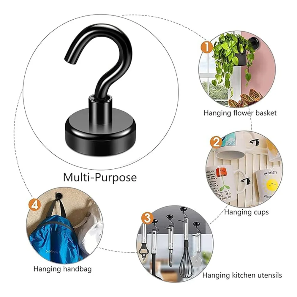 6Pcs 검정색 자석 후크 15파운드(약 7Kg) 실내 걸이, 주방, 직장, 사무실 및 차고