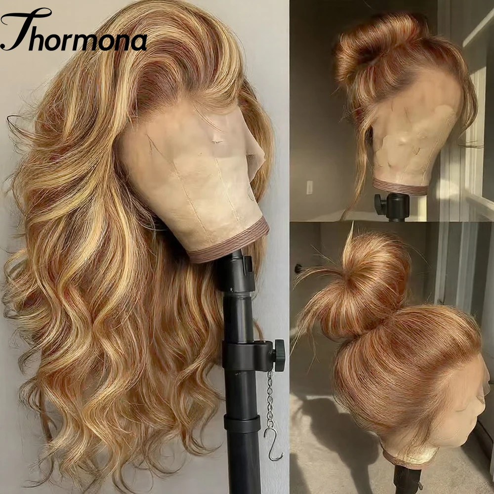 Balayage Blonde Highlight 13x6 Lace Front Wig Body Wave Wig Synthetic HD Ombre Honey Blonde Mixed Color Lace Frontal 200%