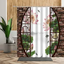 

Chinese Painting Landscape Shower Curtain 3D Lotus Floral Scenery Round Arch Pattern Bath Curtains Bathroom Home Decor Screens