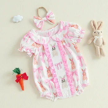 Toddler Easter Dress Bunny Print Ruffle Sleeve Romper with Matching Headband and Bow Detail for Baby Girls 2