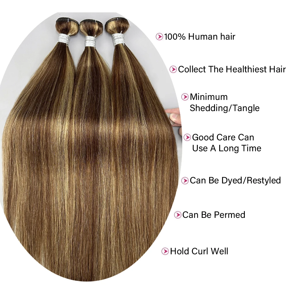 14A 100% Human Hair Bundles Highlight Straight 30 Inch Colored Human Hair Weave Bundles Extensions P4/27 1psc/≥95g For Women 6