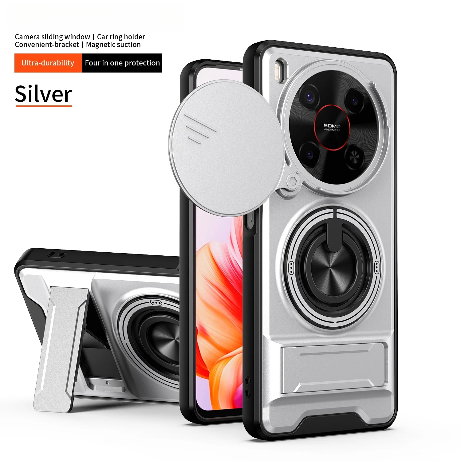 Enhanced Protective Phone Case with Slide Cover and Rotating Magnetic Ring Holder