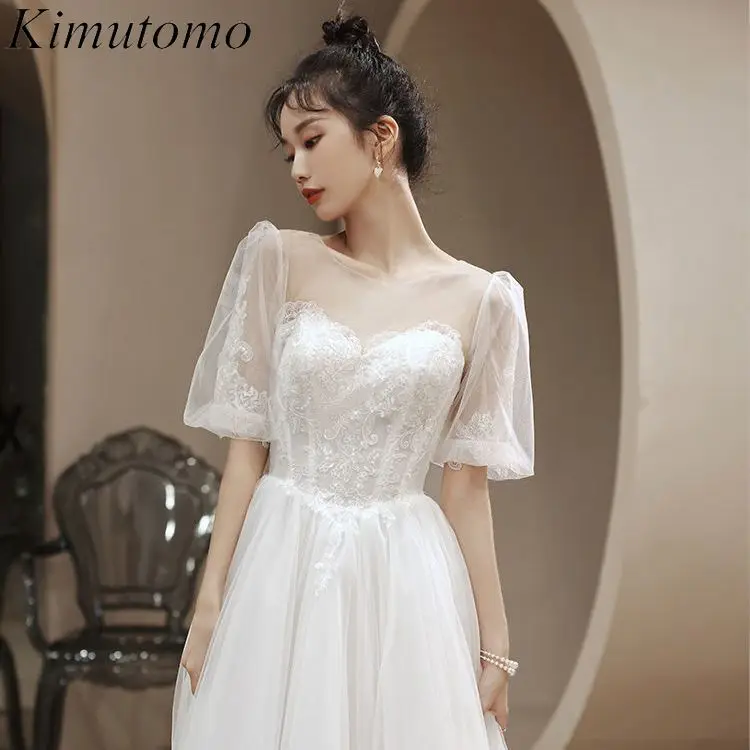 

Kimutomo Sequined Party Dresses Women Evening Elegant Simple Design White Dress Korean Sweet Puff Short Sleeves Mesh Vestidos