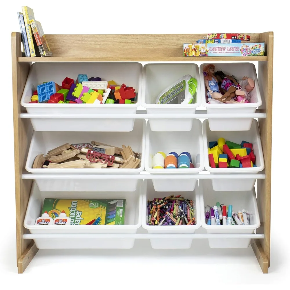 Toy Storage Organizer with Top Shelf and 9 Removable Bins, Natural/White Bookshelf 5