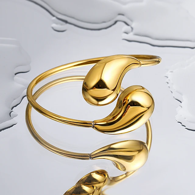 Greatera Unique Design Stainless Steel Hollow Water Drop Cuff Bracelet Bangle for Women 18K Gold Plated Waterproof Jewelry 4