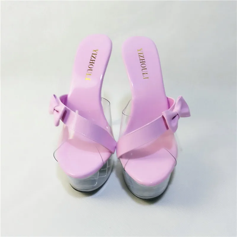The bowknot adorns transparent fashionable in summer wear high heels, pink crystal shoes, new high heels 15cm dance shoes