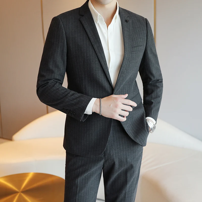 

( Jacket + Pants ) 2021 New Suit 2 Pcs Set Classic Stripe Business Men's Suit Tuxedo Groom Suits for Men Wedding Set Plus Size