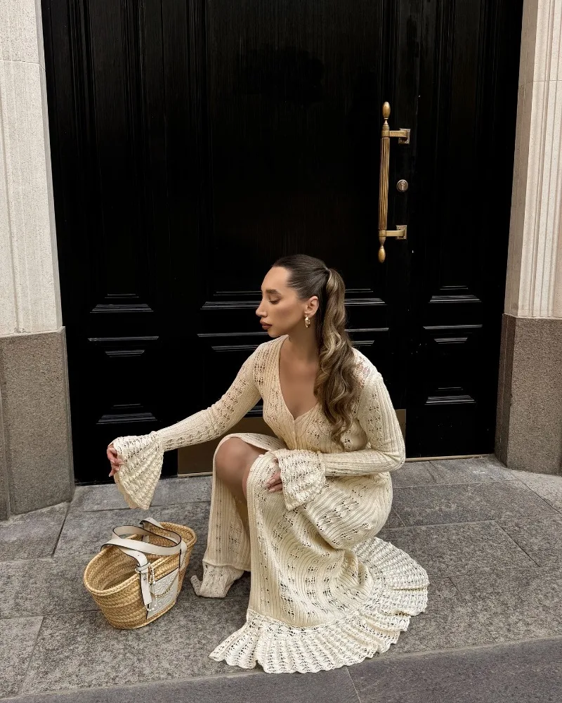 Deep V Neck Long Cardigan Dress - Elegant Hollow Knit Cover Up for Women