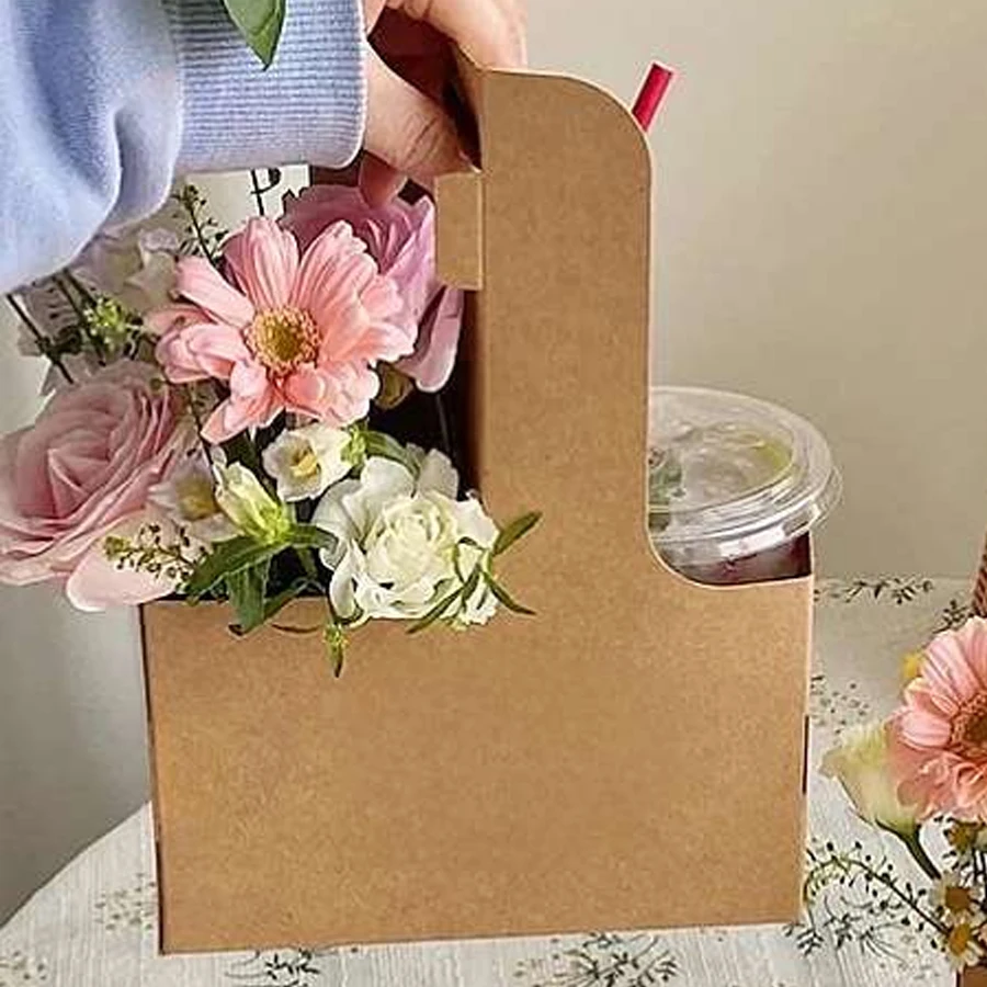 10/20Pcs Kraft Paper Take Out Bags for Flower Coffee Drinks with 2 Cup Holders, Two-in-... - SKU PTB01236 - UGI Packaging