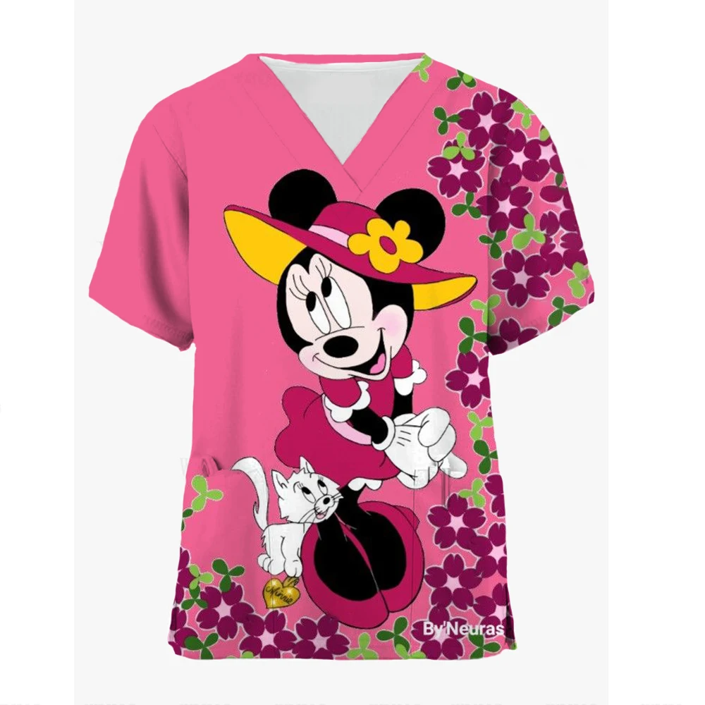 Blusas médicas con estampado de Mickey Mouse de Disney para mujer, blusas de manga corta con cuello en V, uniforme de enfermera, blusa de trabajo con estampado de dibujos animados, uniforme de mujer