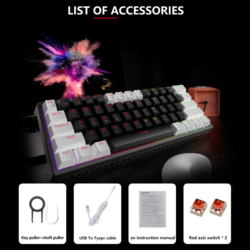Usb Teclado Mecânico Gaming Interruptor Vermelho 61 Chaves com Fio Cabo Destacável Rgb Backlit Hot Swappable Mucai-mk61 - Imagem 4