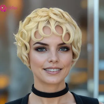 Parrucche Pixie dell'onda riccia dei capelli umani al 100% di densità del 180% di alta qualità per le donne Parrucche piene dei capelli della macchina di Remy vergine brasiliana da 6 pollici