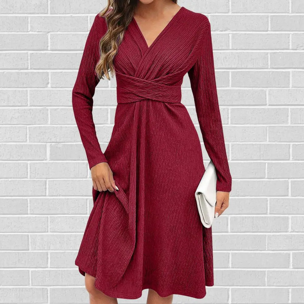 

Women Dress Vintage Solid Color A-line Midi Dress Elegant V Neck High Waist Loose Hem for Women's Daily Wear Flattering A-line