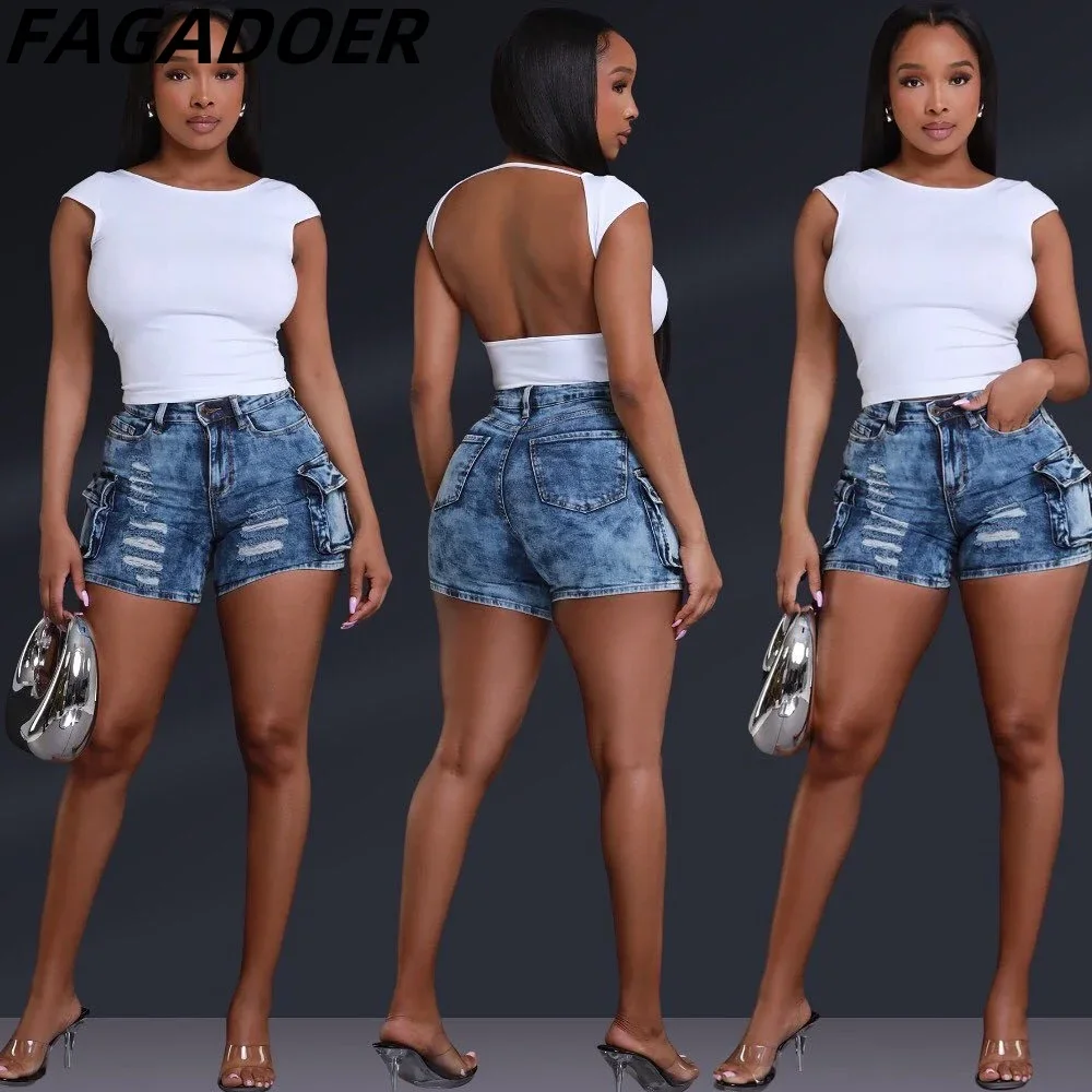 FAGADOER Fashion Tie Dye Blue Print Hole Pocket Denim Shorts Women High Waist Button Cargo Jean Female Elasticity Cowboy Bottoms