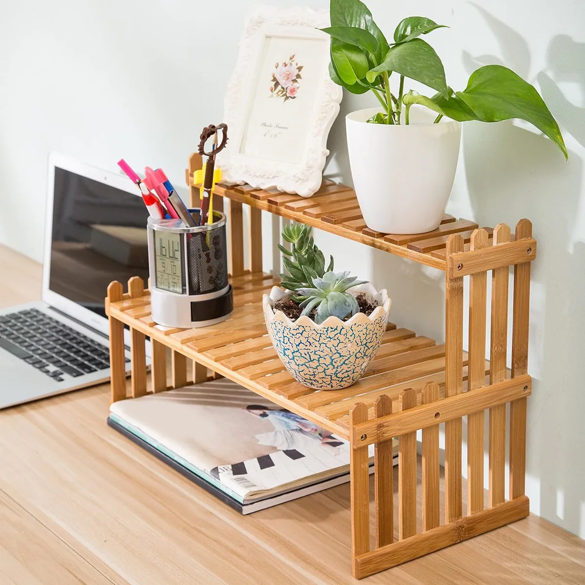 2Tier Simple Modern Decorative Natural Bamboo Flower Pot Plant Display Stand Shelf,Books Kitchen Household Supplies Storage Rack 6