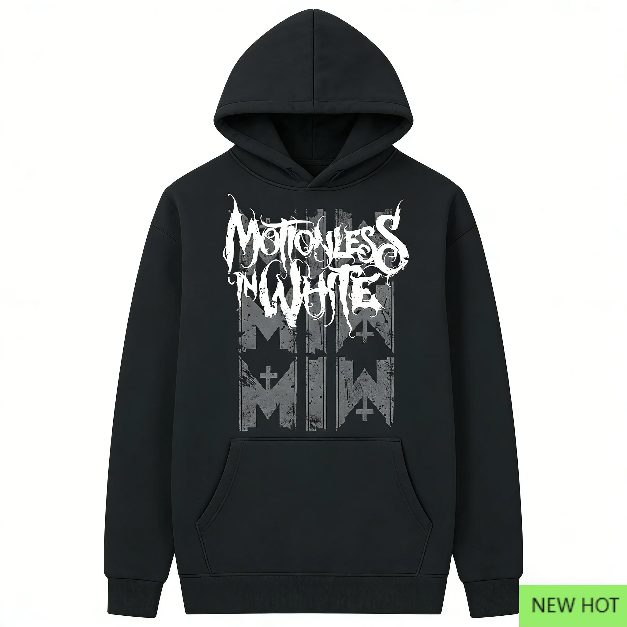 Imovível em branco moletom com capuz logotipo gótico moletom gráfico preto branco impressão casual unissex streetwear para fãs de metalcore