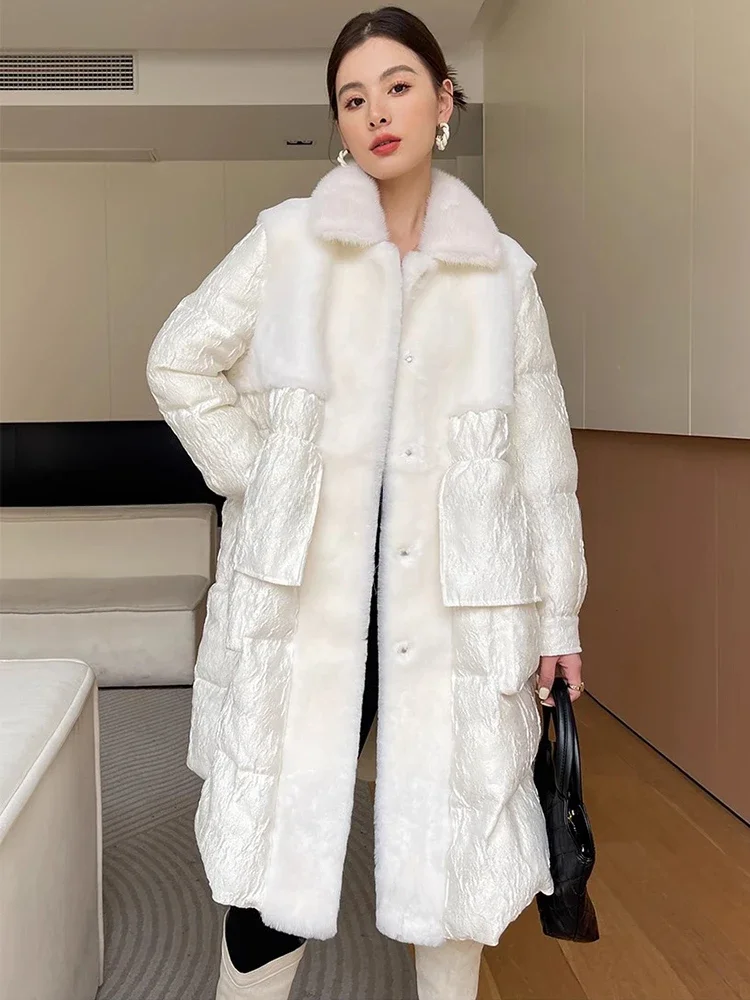 Winter Long Down Jacket for Women 2024 New High Quality Thickened Warm Patchwork Mink Fur White Goose Down Coats