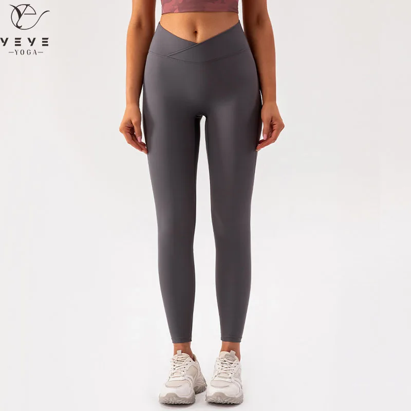 

Women's Cross Waist Yoga Leggings V Cut Tummy Control Sports Gym Tights Workout Running Pants Activewear