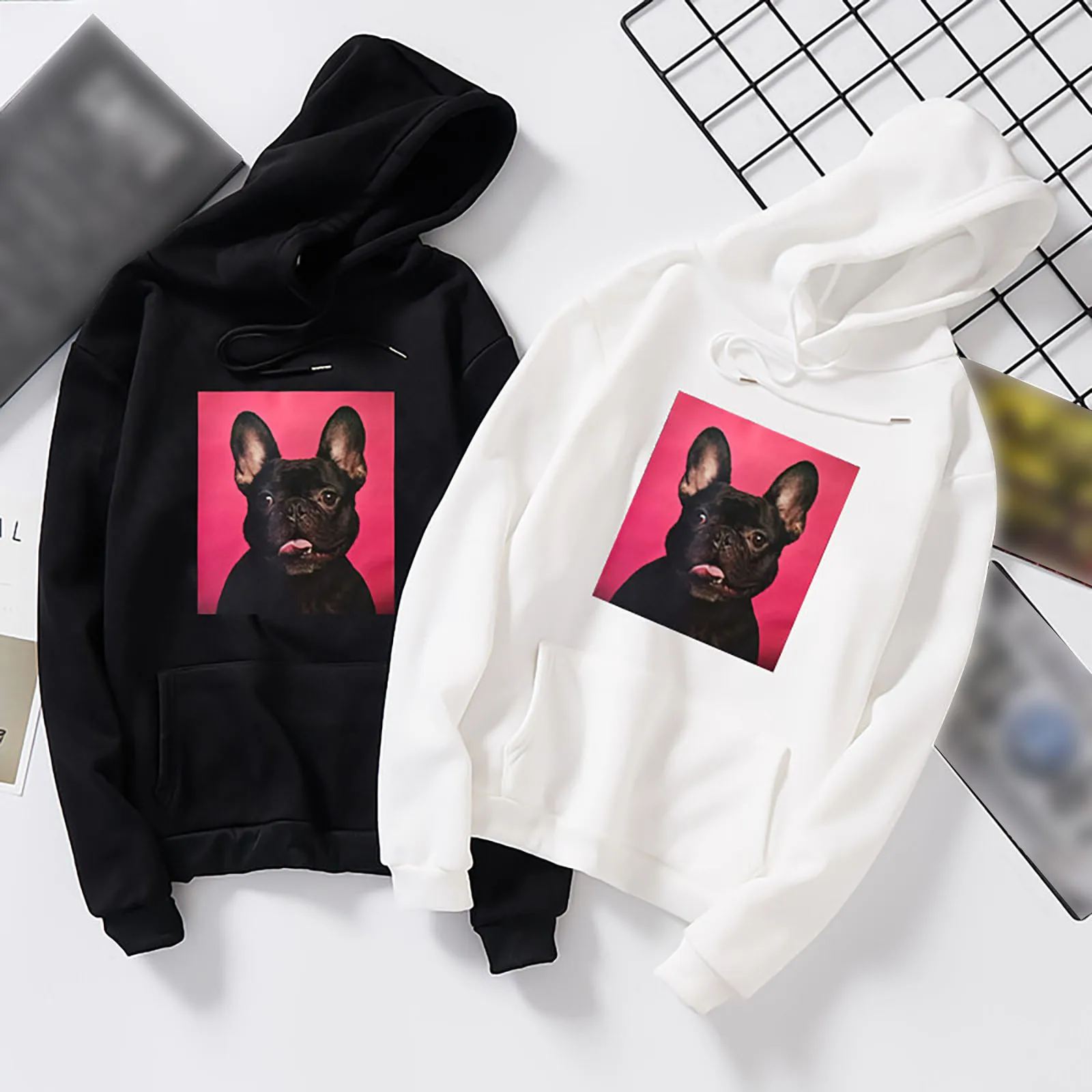 Funny Hoodies Womens Sweatshirt Oversize Ugly Black French Bulldog Hooded Pullover Y2k Harajuku Korean Sweater Unisex Couple Top