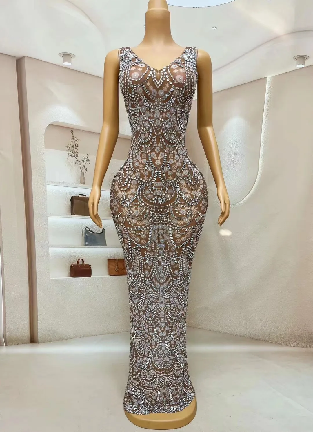 

Sparkly Pearls Silver Rhinestones TransparentSleeveless Dress Evening Birthday CelebrateSexy See Through Dress zhouju