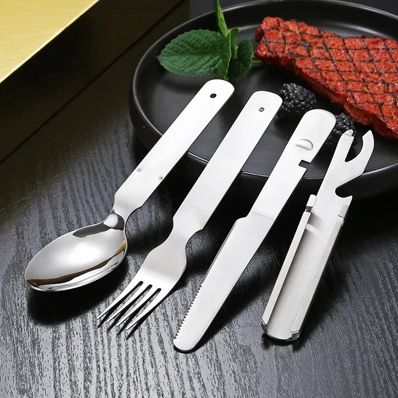 Steel Removable Knife Fork and Spoon Set Western Knife Bottle Opener Portable Outdoor Camping Storage Tableware Four-piece Set