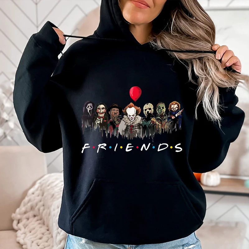 Halloween Horror Movie Killer Horror Friend Print Women's Autumn and Winter Hoodie with Velvet Sweater Loose Fleece Pullover 2