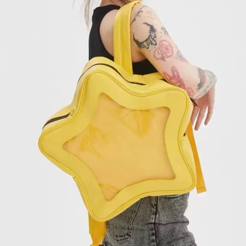 Womens Backpack Yellow Star PU Leather Shoulder Bag Cute Teenage Girl Kawaii Schoolbag Knapsack Y2K Spicy Girl Travel