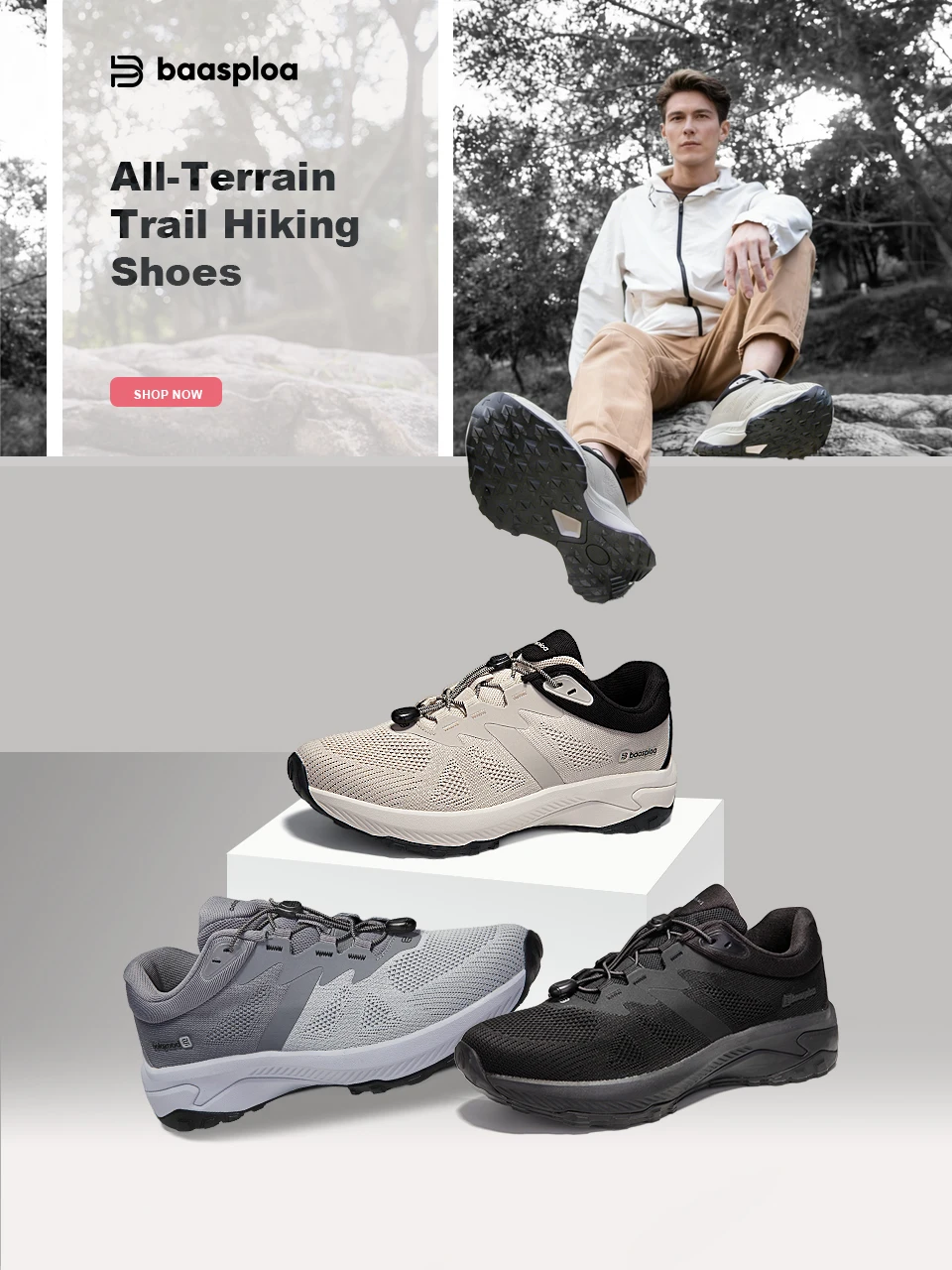 Baasploa Herren Leichte Wanderschuhe Mesh Atmungsaktive Komfort-Outdoor-Sneaker Modische Gummi-Walkingschuhe – Detail 3