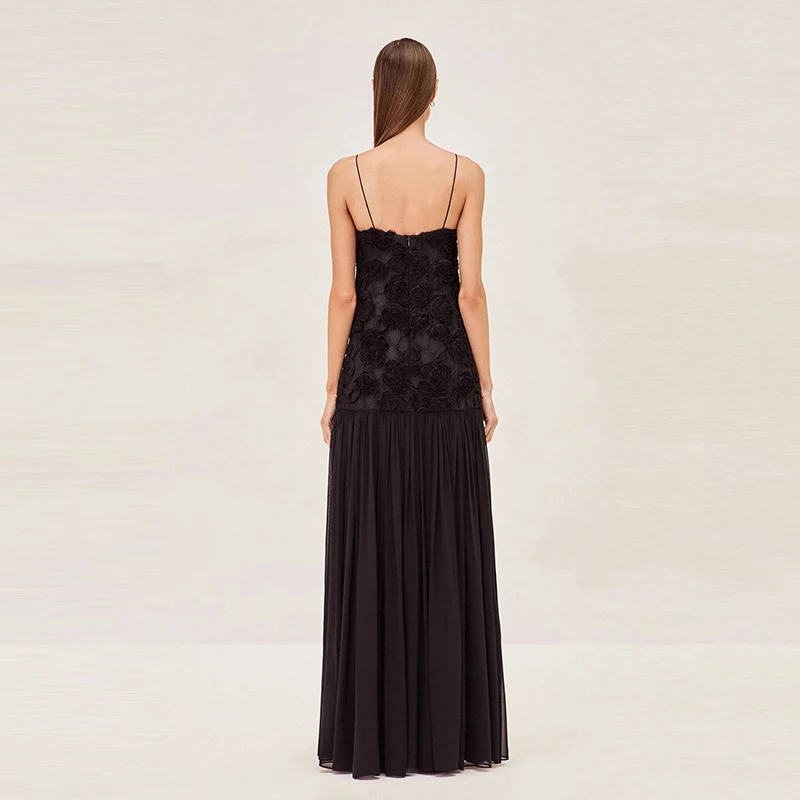 Elegant 3D Floral White Long Dress Women Patchwork Backless Pleated Party Evening Dresses Female 2025 Summer Lady A-line Robes