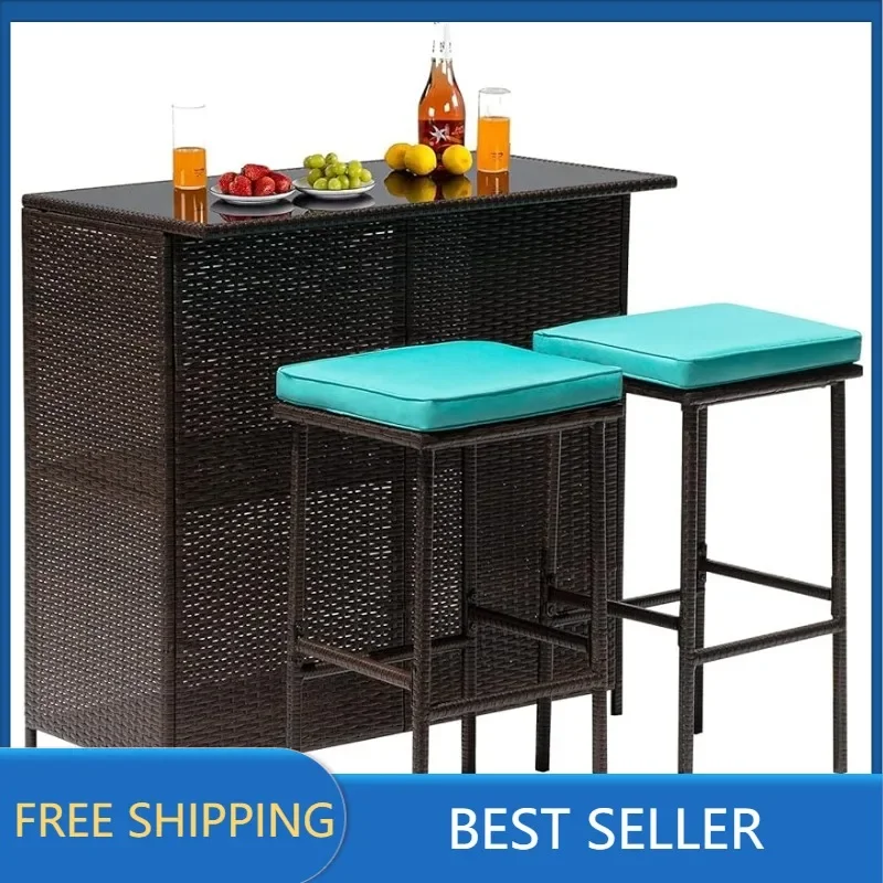 

3PCS Patio Bar Set Outdoor Furniture Set Wicker Bistro Set with Two Stools for Patio Backyard Balcony,Blue Cushion