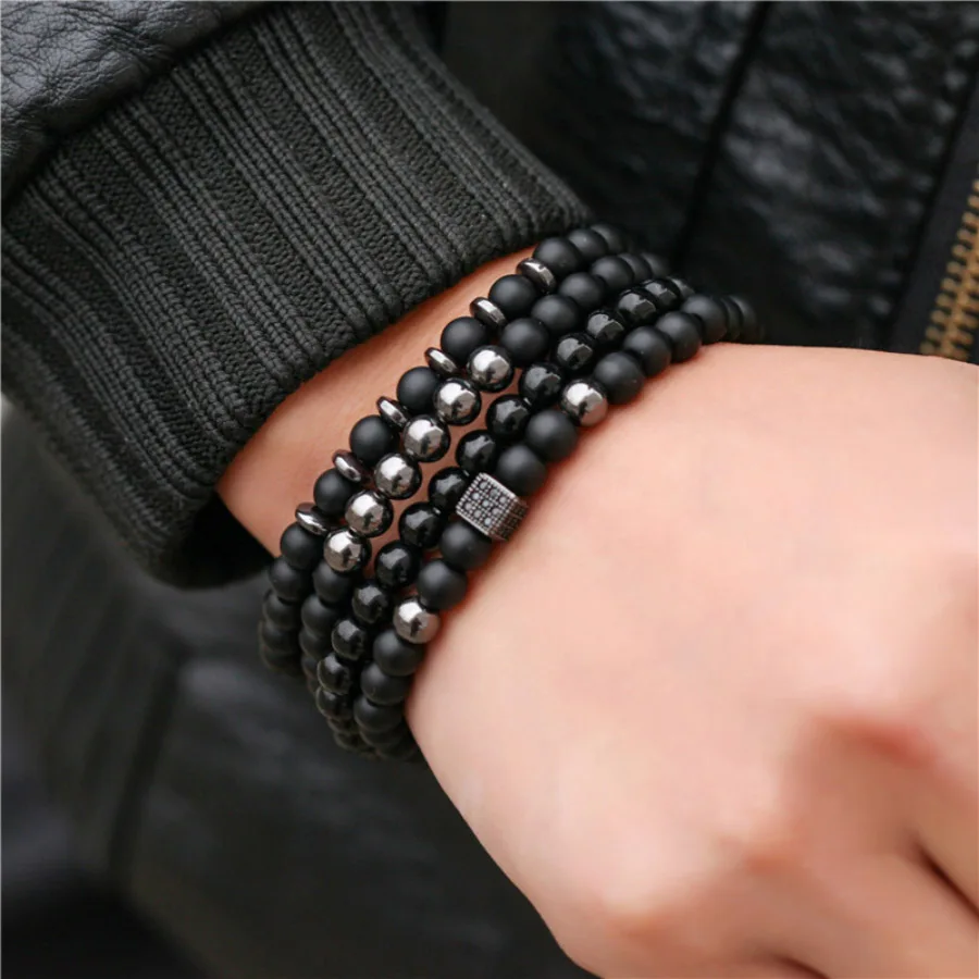 Men Black Onyx Hematite Beaded Luxury Zirconia Bracelet Set