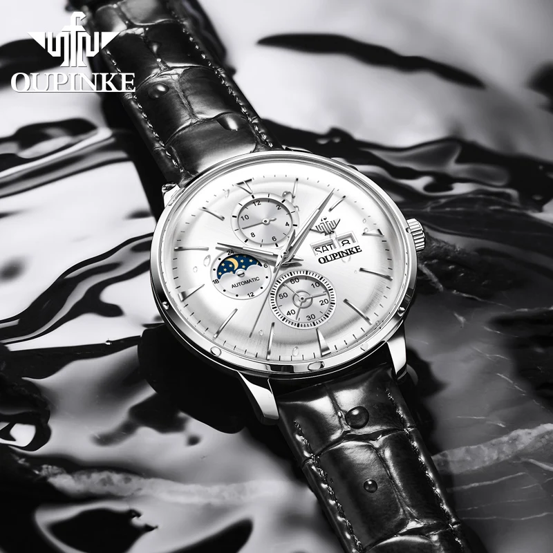 OUPINKE 3309 Automatic Watch Men Deep Waterproof Calendar Fashion Business Man Wristwatch Moon Phase Mechanical Watch For Men